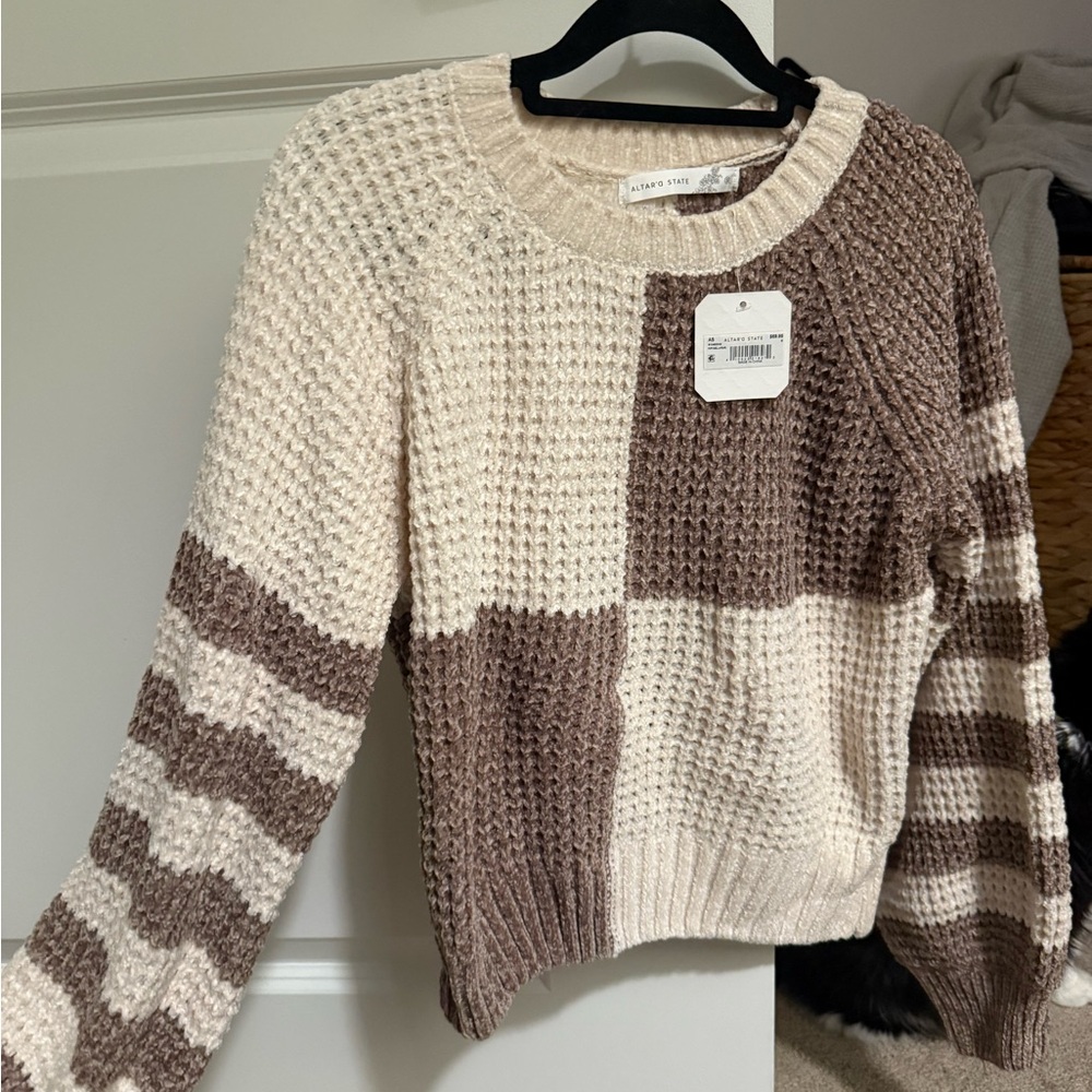 Altar'd State Cream and Brown Patchwork Sweater